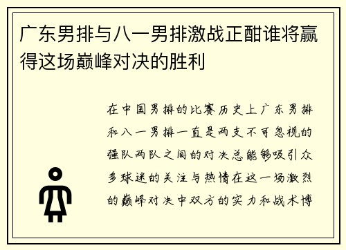 广东男排与八一男排激战正酣谁将赢得这场巅峰对决的胜利